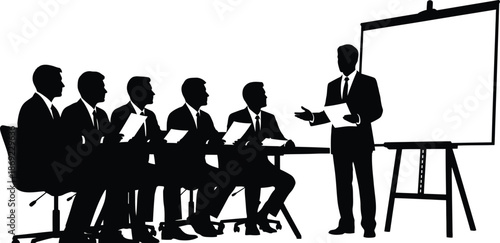 Business meeting silhouette with presenter and audience in front of whiteboard