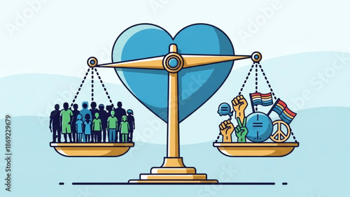 Scales of justice balancing diversity and inclusion representing equality and human rights with a heart symbol
