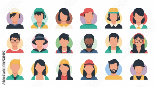 Collection of diverse people avatars in flat design style.