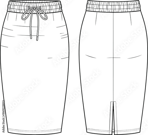 Women elastic waist midi skirt, drawstring silhouette, front back view, fashion technical sketch, casual apparel cad drawing flat vector illustration