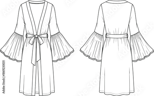 Women kimono robe dress, belted wrap gown, pleated bell sleeves, fashion technical sketch, front back view, apparel cad drawing illustration