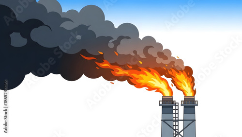 Gas Flaring with Flames and Smoke Methane Burn-Off from Industrial Towers Oil Refinery Stack Burning Excess Gas 