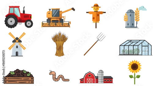 Agriculture and Farming Elements Set collection Harvest and Farm Equipment