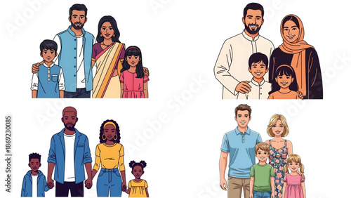 Diverse Family Portraits Vector Collection Multiethnic Family Groups Mixed Race Families Cartoon Set 