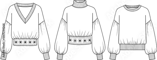 Women sweater collection technical illustration, three neckline styles, long sleeve knitwear design, apparel outline, flat vector cad drawing fashion