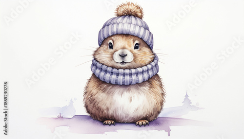 Cute Groundhog Day Illustration with Adorable Groundhog Wearing Winter Hat and Scarf