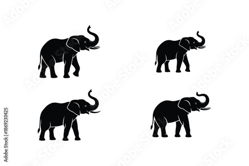 Four black silhouettes of elephants on white background silhouette