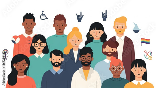 Diverse group of people with icons representing inclusion diversity and accessibility flat vector illustration for concepts