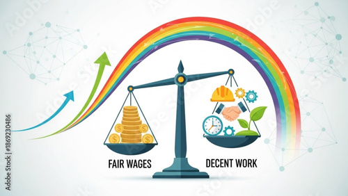 Scales of justice balancing fair wages and decent work with a rainbow and growth arrows concept for equality and opportunity