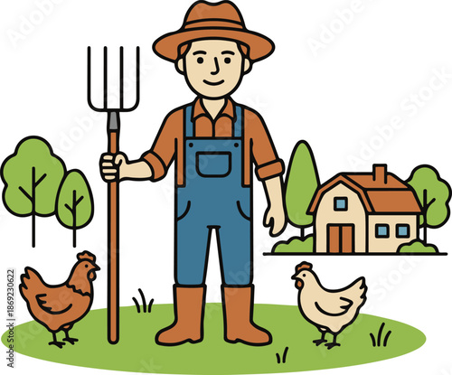Cartoon farmer holding a pitchfork standing in a farm landscape with chickens and a house, vector illustration.