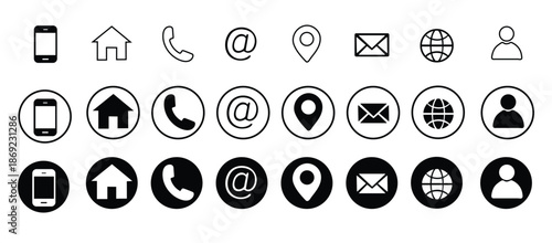 Business card icon set. Containing contact information, name, address, phone, e-mail, location, website, telephone, mail and more. Vector illustration.