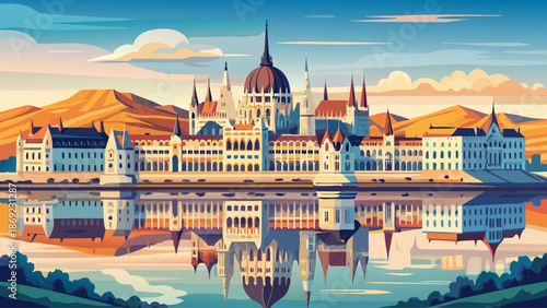 Very beautiful panoramic view of the Hungarian Parliament reflected along the Danube River in Budapest, Hungary, presenting a harmonious cityscape that blends historic grandeur with calm flowing water