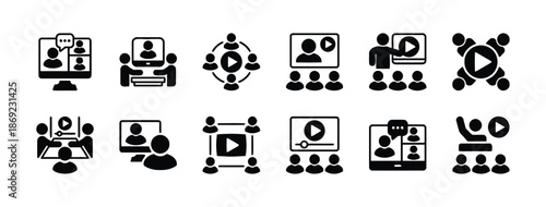 Set of Online Conference Icons in Solid Style such as Video Call, Webinar, Meeting Isolated on White Background Vector Illustration