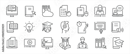 Set of Online Education and E-learning Line Icons Collection Vector Isolated on White Background Such as Video Lesson, Book, Cloud Library, Checklist, Webinar, Certification and More 200