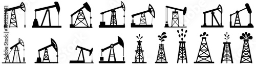 Set of oil pump jack rig silhouette industrial machine for petroleum production on isolated white background in simple style design