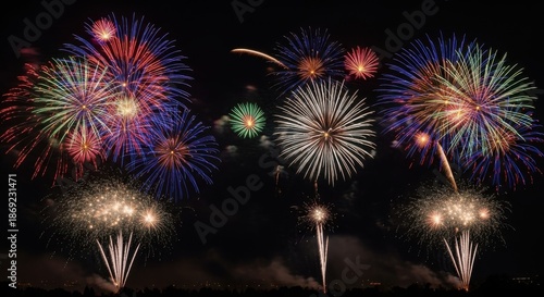 A vibrant display of colorful fireworks illuminating the dark night sky