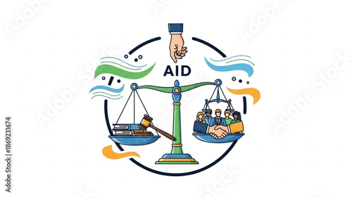 Scales of justice balancing aid and people concept of humanitarian help and legal support vector illustration with hand and waves