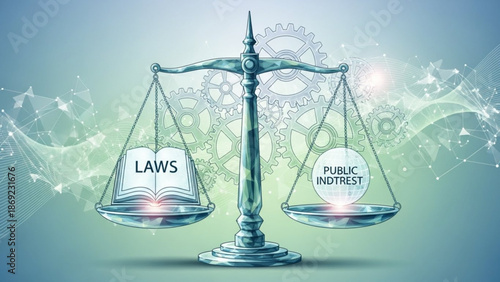 Scales of justice balancing laws and public interest symbolizing legal fairness and equilibrium with a modern abstract background
