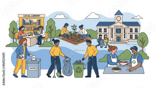 Community engagement illustration people gardening voting recycling and volunteering at library and town hall concept for local action