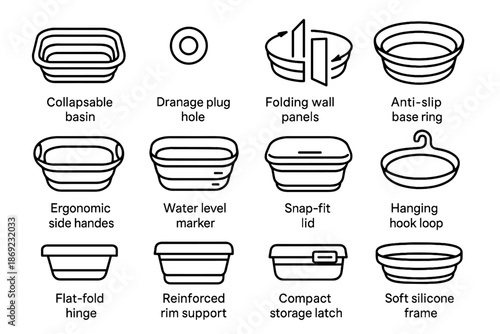 Rim latch tub foldable icon collapsible hanging lid reinforced vector laundry support