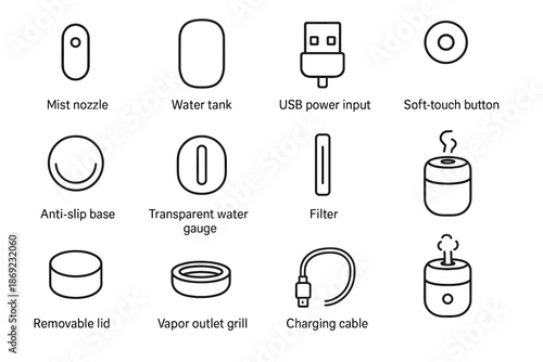 Humidifier icons icon removable outlet light slot grill tank usb cable vector