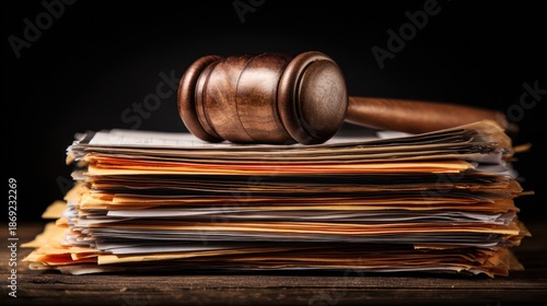 Court gavel rests on stack of legal documents in dim light setting