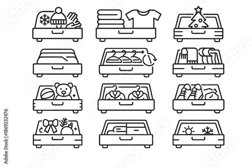 Unit icons vector scarf case rotating storage bin drawer seasonal icon