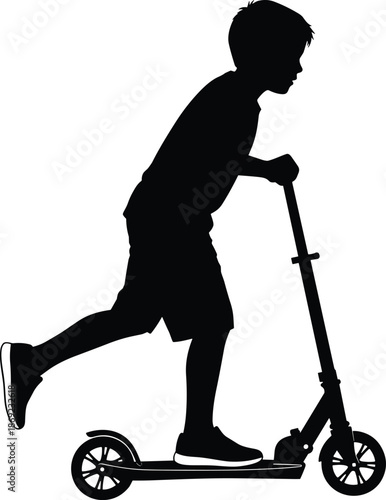 Black silhouette of a young boy riding a kick scooter, active child playing outdoors on a push scooter, vector illustration for sports
