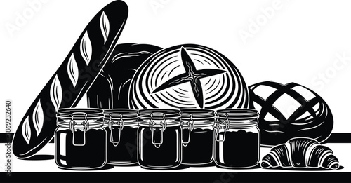Black silhouette of bakery products and jam jars, assortment of fresh bread baguette and croissant for breakfast food shop vector illustration design