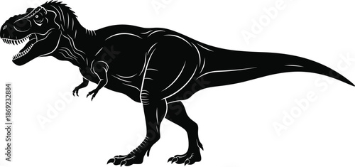 Black silhouette of Tyrannosaurus Rex dinosaur, powerful prehistoric predator T-Rex in walking pose, ancient extinct carnivore lizard vector illustration for biology design