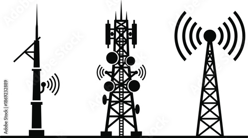 Communication tower and radio mast set, telecommunication network signal station icons, wireless technology antenna silhouettes, cellular transmitter infrastructure for internet and mobile data.