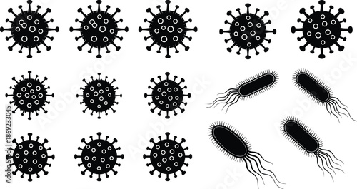 Set of black biological icons featuring coronavirus disease cells and flagellated bacteria pathogens on white background, medical microbiology research and virus prevention concept.