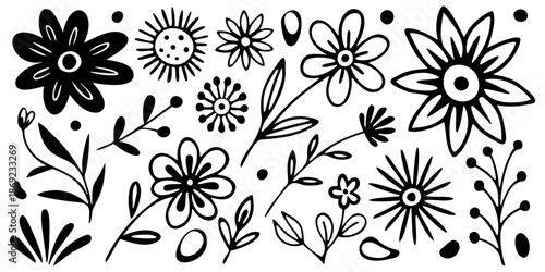 Hand drawn plant elements, flowers and leaves, isolated on white background, vector design