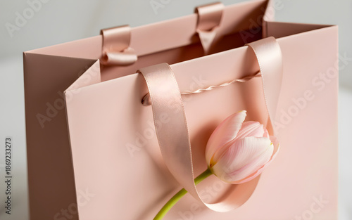A pink paper bag with a spring flower on a table against a light, neutral background.