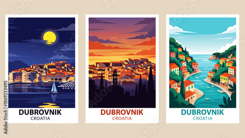 Dubrovnik Croatia travel poster vector illustration with night and day cityscapes and coastal scenery