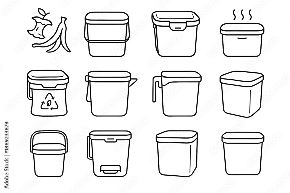 Obraz premium Kitchen liner vector waste bin icons clip scraper mount food icon lock