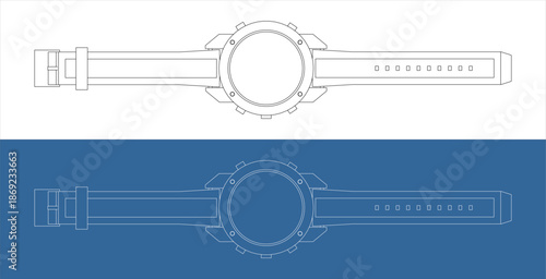 Orthographic Technical Plan of Sport Watch with Front Side and Top Views
