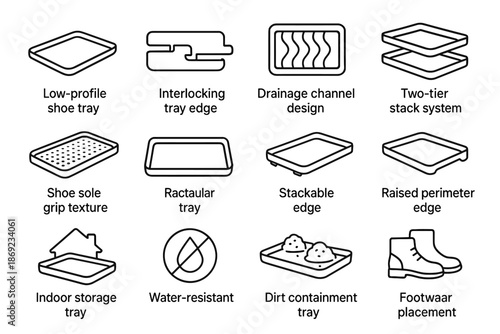 Shoe channel raised containment edge tray vector outline stack icon stackable