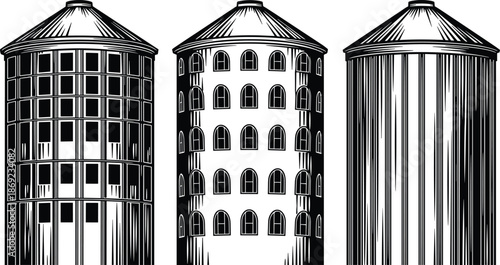 Industrial grain silos illustration, cylindrical storage buildings set, vintage architectural design, detailed monochrome vector artwork for agriculture, industry, infrastructure concepts