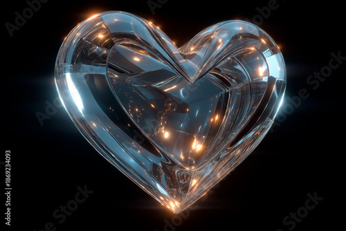 Shiny crystal heart shape symbol isolated on black background
