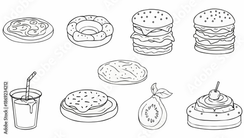 Collection of hand drawn fast food and dessert items.