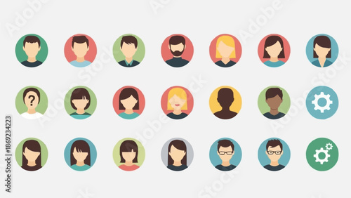 Collection of Diverse User Profile Icons with Settings Gear.