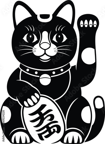 WebManeki neko lucky cat black silhouette vector illustration, Japanese fortune symbol with raised paw, traditional charm icon for branding, decor, modern graphic design