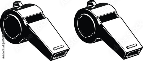 Modern whistle icon illustration, referee and sports signal equipment design, clean monochrome vector artwork for safety, coaching, emergency, branding applications