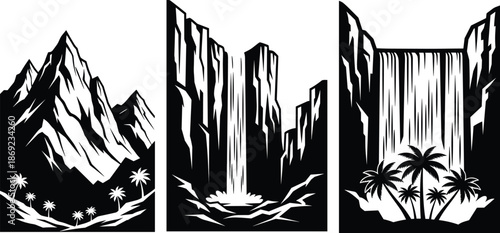 Nature landscape vector illustration set, mountain valley and waterfall scenes with palm trees, black and white silhouette artwork, scenic wilderness design