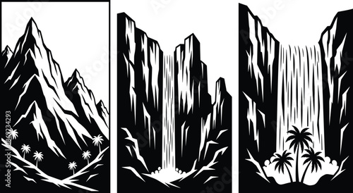 Nature landscape vector illustration set, mountain peaks and waterfall canyon scenes with palm trees, black and white silhouette wilderness artwork design