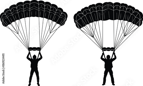 WebParagliding silhouette vector illustration set, parachutist descending with canopy, extreme outdoor adventure sport concept, aviation activity artwork for travel, sports branding, graphic design
