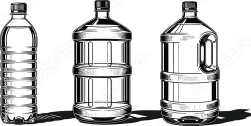 Plastic water bottles vector illustration set, reusable drinking containers collection, black and white beverage packaging isolated modern hydration design