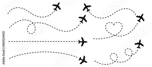 Airplane route with dotted flight path. Flying plane symbol with twisted, curved, straight and heart shape dashed trace path. Transparent png and vector illustration.