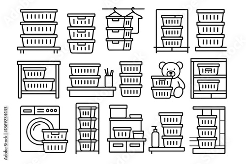 Stacked baskets icons stackable setup workspace vector shelf bin basket stack room